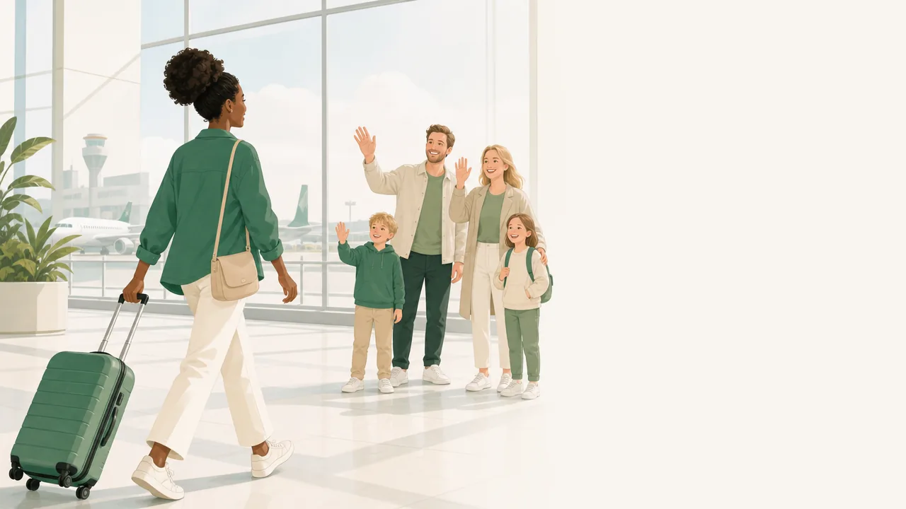 Au-pair kommt am Flughafen an und wird von der Gastfamilie begrüßt